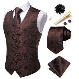 Hi-Tie Men's Brown Paisley Waistcoats Formal Floral Jacquard Suit Vest Silk Necktie Pocket Square Set for Wedding Party