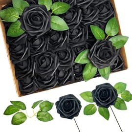 Luerbi 30Pcs Rose Artificial Flowers, Black Foam Roses with Stems, Real Looking Fake Flower for DIY Wedding Bridal Bouquets, Bridal Shower, Arrangements Party Table Centerpieces Decor