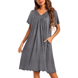 Ekouaer Women's House Dress with Pockets Moo Moo Nightgown V Neck Sleepwear Pleated Floral Print Mumu Dress,Mid Grey,XL