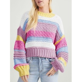 Saodimallsu Womens Color Block Sweater Striped Chunky Knit Cropped Sweaters Crewneck Fall Long Sleeve Loose Pullover Tops Pink