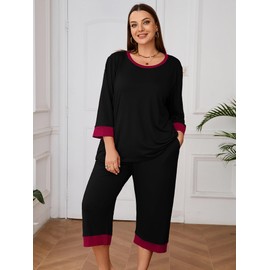 AusLook Women's Plus Size Pajama Set Black Red 3/4 Sleeves Shirt and Capri Pants Sleepwear Loungewear 2 Pcs Pj Sets with Pockets 3X