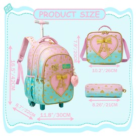Meetbelify Kids Backpacks with Wheels for Girls Rolling Backpack with Lunch Box for Elementary Students Carry on Backpack Travel Suitcase Trip Luggage for Girls Ages 6-8