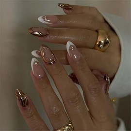 Juego de 24 uñas postizas cortas en forma de almendra con diseños 3D de sol, uñas acrílicas elegantes para mujeres de moda