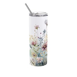 Wildflowers Travel Flask - Floral Meadow Watercolour Gift - Reusable Stainless Steel Vacuum-Sealed Double-Walled Hot/Cold Drinks Cup with Straw 600ml (20 fl oz)
