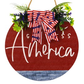 AMCAMI 4th of July Wreaths for Front Door,God Bless America Sign Wreath，Wooden Red White and Blue Memorial Day Decorations