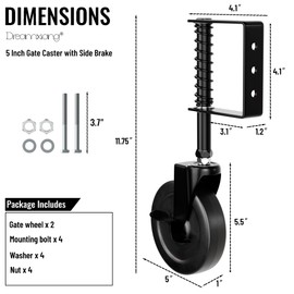 5" Spring Loaded Gate Caster with Side Brake, Heavy Duty Rubber Gate Wheel for Wooden Fence Gate with 360° Rotation, Farm Gate Support Helper for Wooden Metal Swing Gate, 330 Lbs Capacity, Black,2Pack