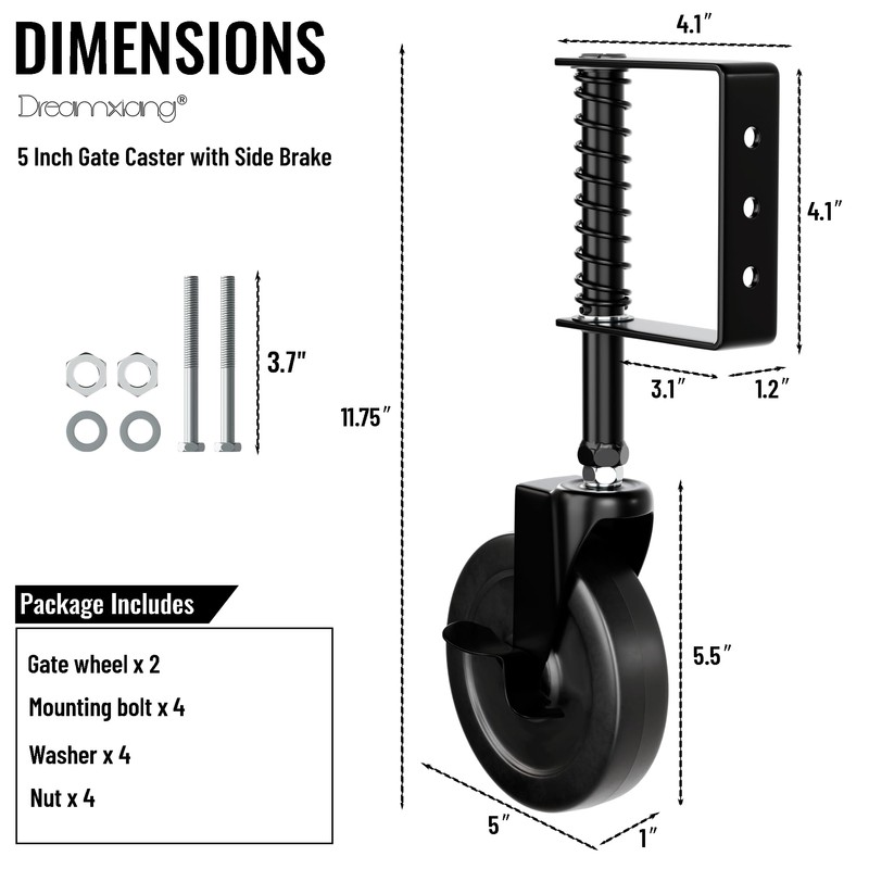 5" Spring Loaded Gate Caster with Side Brake, Heavy Duty