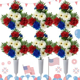 Yuxung 6 Sets Patriotic Memorial Bouquet with Vase Cemetery Flowers for Grave Red Blue Peony and White Mum Thank You Veterans Artificial Flowers 4th of July Funeral Headstones Bouquet Grave Decoration