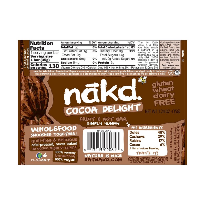 nkd. Nakd Bars, Cocoa Delight Raw Fruit and Nuts, Gluten