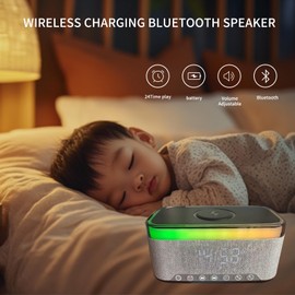 FAMKIT Digital Alarm Clock with Night Light, Bedside Clock with 15W Fast Charging Function, Ambient Light, Speaker, Adjustable Brightness for Home Office Bedroom