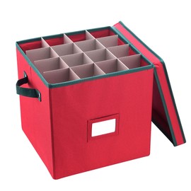 Christmas Decor Storage Box 2 Pack - Red Oxford Canvas Ornament Cube Chest with 64 Compartment Dividers, Riveted Handles, and Lid by Elf Stor