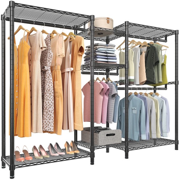 VIPEK V6 Wire Garment Rack Heavy Duty Clothes Rack Metal Clothing Rack with Shelves, Freestanding Portable Wardrobe Closet Rack for Hanging Clothes 74.4" L x 17.7" W x 76.8" H, Max Load 780LBS, Black