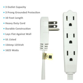 Flat Multiple Outlet Extension Cord 15 Ft for Indoor Use by Electes- UL-Listed 3-Prong Multi Extension Wire- Space-Saving Flat Angled Extension Cord- White..