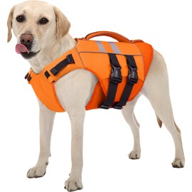 Kuoser XL Dog Life Jacket, Large High Flotation Dog Life Vest for Swimming Boating, Reflective Dog Swimming Vest Pet Life Preserver with Rescue Handle, Orange XL