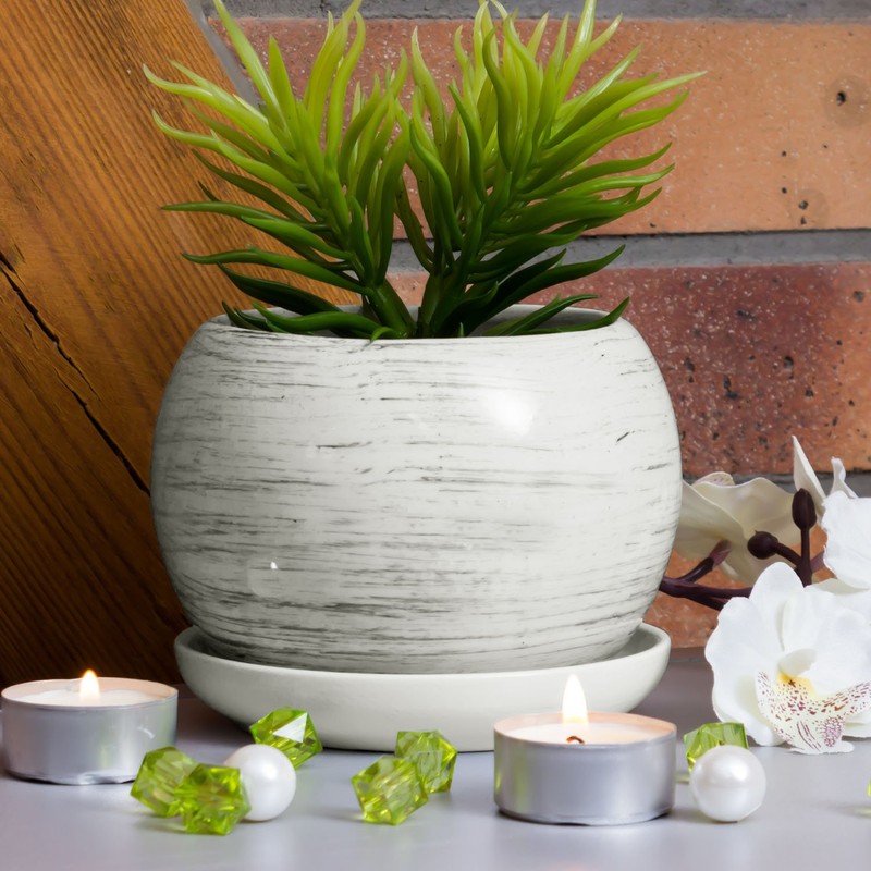 Black and white concrete ceramic 11 cm planter with saucer,