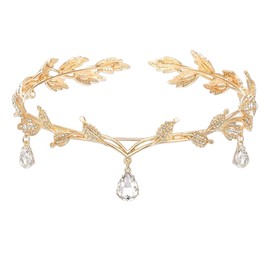 MIRKUZI Tiaras in Bijouterie, Crown Leaves Water Drops, Full Diamonds, Bridal Headpiece, Hair Bands, Necklace, Dual Purpose Hair Accessories (Gold)
