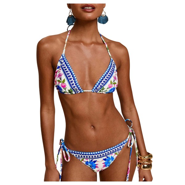 WDIRARA Women's 2 Piece Floral Print Swimsuits Geometric Halter String