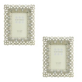 Sixtrees A Twinpack of Antique Vintage and Shabby Chic Style Silver Metal Photo Frames with Beads and Crystals in 10 Styles for 9 x 6.3 cm (64 x 89mm) Photos 3x2 Diana