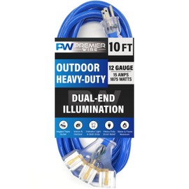 10 ft - 12 Gauge Heavy Duty Extension Cord - Lighted on Both Ends - SJTW Blue - Outdoor Extension Cord 10 ft by Premier Wire - 15 Amp Extension Cord (10 Foot 12-Awg Power Cord Blue)