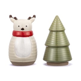 DEMDACO Snow Day Green, Brown, Red 6 x 2.5 Inch Stoneware Decorative Entertaining Countertop or Table Holiday Décor Salt and Pepper Shakers, 2 Piece Set, Reindeer, Tree