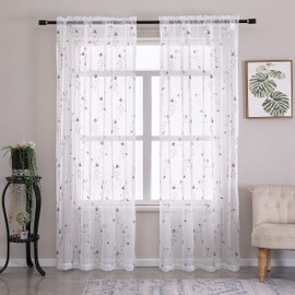 Taisier Home Floral Embroidered Sheer Curtains for Girls Room Purple Buds Retro Voile Curtain Panels for Bedroom Rod Pocket 2 Panels 52" W x 45" L,Curtain with Purple Flower and Coffee Branches