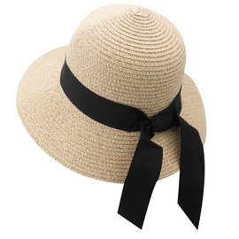 REETEE Women's Sun Hat UPF 50+ Wide Brim Beach Hat Summer Hat Women's Straw Hat Foldable Beach Hat Straw Hat, beige