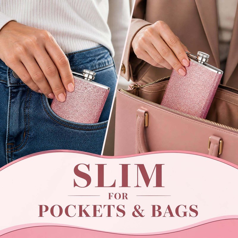 8 Oz Hip Flasks for Women Men, Pink Sparkling Portable