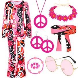 UxClishe 9 Pcs 1970s Women Hippie Costume Set for Women, 70s Retro Hippy Costume Outfit with Flared Pants for Women Dress Up-XL