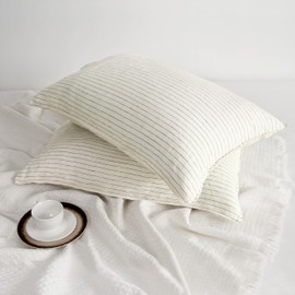 L Linen World Striped Linen Pillow Cases Set of 2,20"x30" Standard/Queen Size,100% French Natural Flax Soft Linen Pillowcases,Olive Green Pinstripe