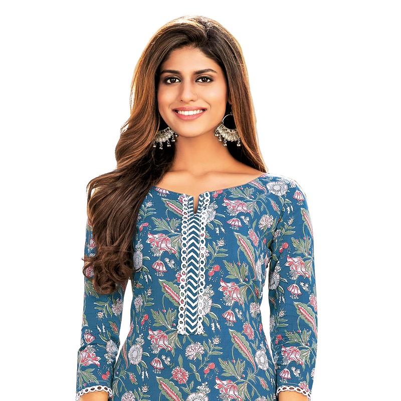 Miraan Kurti de algodón Readymade para mujer (3XL azul), Azul,