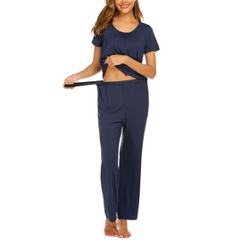 Ekouaer 2 Packs Nursing Pajamas Maternity Breastfeeding Sleepwear Set Double Layer Short Sleeve Top & Pants Pregnancy PJS