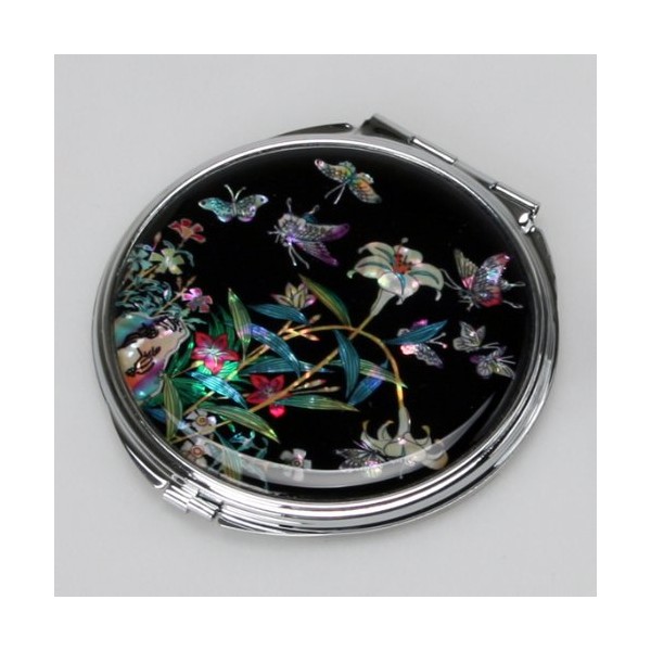 Mother of Pearl Lily Compact Makeup Pocket Round Purse Cosmetic Mirror in Black