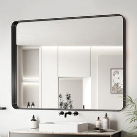 Black Metal Framed Bathroom Mirror for Wall, Rounded Rectangle Mirror, Matte Black Bathroom Vanity Mirror Farmhouse, Anti-Rust, Hangs Horizontally or Vertically (40x32)