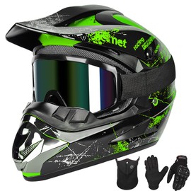 Yesmotor Youth Kids Motocross Helmet Full Face Motorcycle Dirt Bike Off-Road Mountain Bike BMX MX ATV Helmet with(Gloves Goggles Mask) 4Pcs Set - DOT Approved (Green,M)