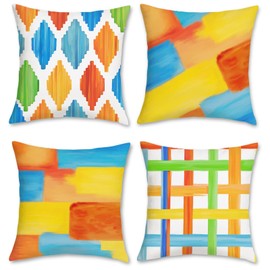 Bonhause Outdoor Throw Pillow Covers 18x18 Inch Set of 4, Abstract Boho Colorful Geometric Modern Decorative Soft Velvet Pillow Cases for Couch Sofa Bed Home Garden Patio Décor