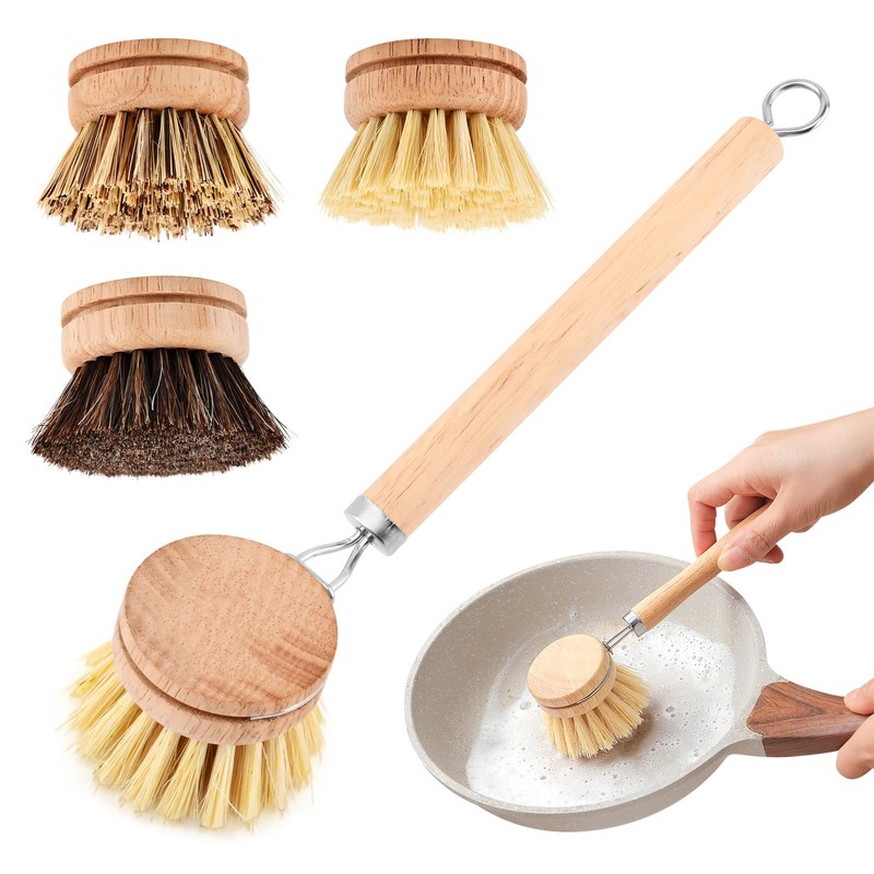 Wooden Dish Brush with 3 Replaceable Natural Bristle Heads