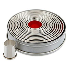 thermohauser Cookie Cutter Set (Stainless Steel) Round, Smooth Rim, 14 Pieces, Diameter 2.3-11.0 cm, Packed in Tin Storage Tin