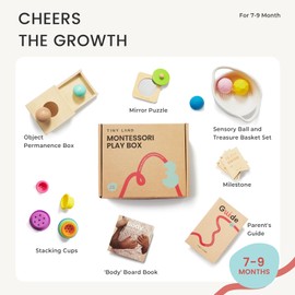Tiny Land Montessori Toy Set for Babies 7-9 Months Senser Play Kit - 5-in-1 Wooden Learning Toys with Object Permanence Box, Sensory Ball, Stacking Cups and Mirror Puzzle,Body Board Book