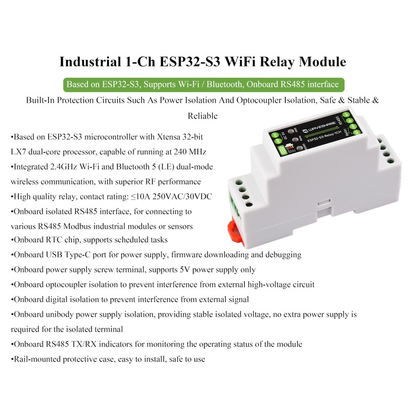 Industrial 1-Channel ESP32-S3 WiFi Relay Module, Supports WiFi/Bluetooth / RS485