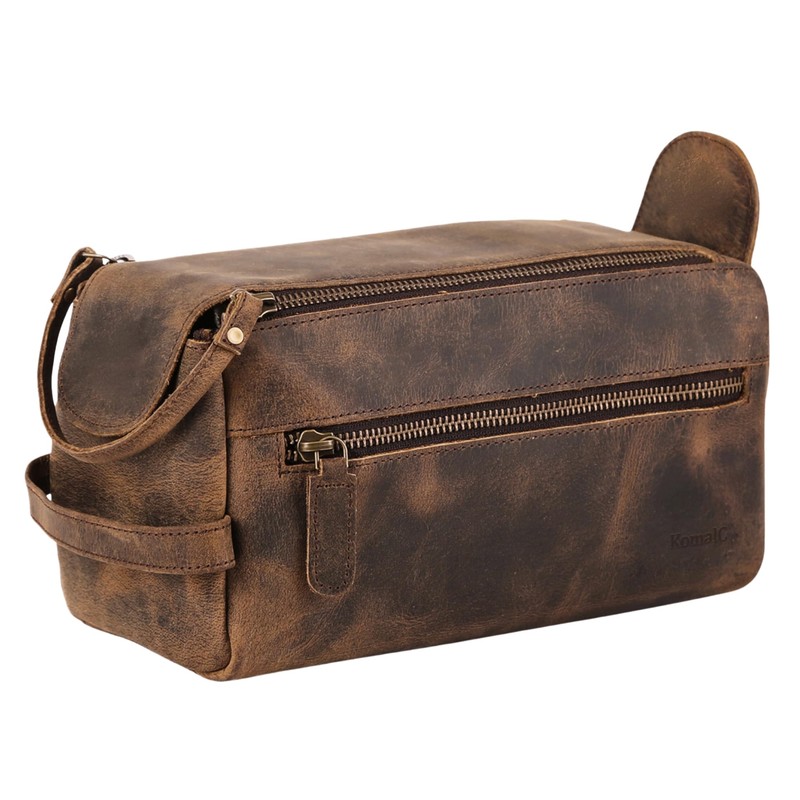 KOMALC Premium Buffalo Leather Unisex Toiletry Bag Travel Dopp Kit