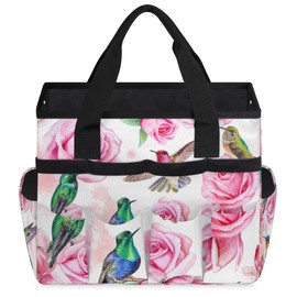Hummingbird Flower Rose Garden Tool Bag Waterproof Gardening Tool Storage Bag with Handle & 10 Pockets Gardening Tote Bag for Women Garden Tool Organizer