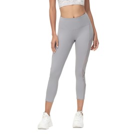 romansong Women's Mesh Tummy Control Butt Lifting Leggings Skinny High Waist Running Yoga Leggings Capri with Pocket(Light Gray,Medium)