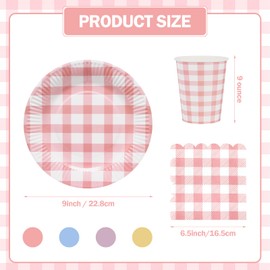 Houuqe 72pcs Gingham Dessert Paper Plates and Napkins Set 9 Inch Colorful Round Picnic Paper Plate Disposable Plaid Cocktail Napkin Checkered Dinner Party Set for Picnic Wedding Birthday (4 Colors)
