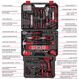 Drill Tool Set：Tool Kit with 12V Power Cordless Drill Hand Repair Tools Box with Drill, Home Tool Kits for Men & Women, Hand Drill Set Perfect for Homeowner, Diyer, Handyman - Red