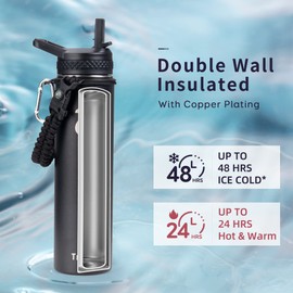 Trebo 24 oz Water Bottle Insulated with Lid and Straw,Double Wall Vacuum Stainless Steel Metal Tumbler Sports Flask with Paracord Handle, Keep Hot 24 Hours & Cold 48 Hours Water Cup with 3 Lids, Black
