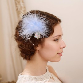 Kenjudess 1920s Feather Flapper Hair Clips for Women White Swan Hair piece Crystal Feather Hair Pins Brooch Fascinator Bridal Wedding Party Hair Accessories (Blue)