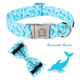 MR. CHUBBYFACE Summer Dog Collar Blue Collar with Bow Adjustable Dolphin Dog Collar Bowtie for Small Medium Large Dogs