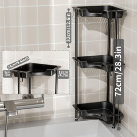 SWTYMIKI Corner Shower Caddy Standing - 3 Tier Floor Standing Shower Organizer with 4 Hooks, Plastic & Stainless Steel Waterproof Corner Stand Shower Shelf Storage Rack for Bathroom, Bathtub, Black