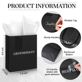 Yeaqee 6 Pack Groomsmen Gift Bags with Tissue Paper Wedding Favor Bag with Tag DIY Best Man Proposal Gift for Groomsman Best Man Bachelor Party Supplies, 10x8x4 Inch