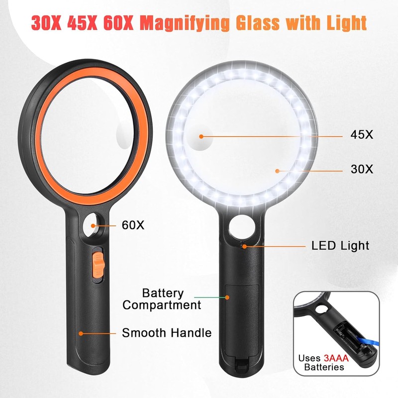 Magnifying Glass with Light, 30 LED Lights Handheld Illuminated Magnifier